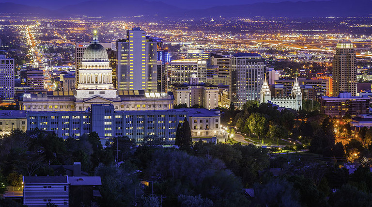 Salt Lake City downtown landmarks illuminated dusk panorama Utah USA