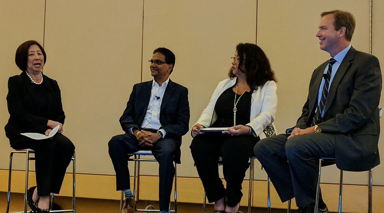 From left: Teri Takai, executive director for the Center for Digital Government; Kumar Rachuri, director of state and local government solutions at Adobe; Karen Loquet, deputy audit controller for Los Angeles County; and Dean Pfoltzer, former senior executive at the Defense Department, speaking at the Adobe Digital Government Symposium 2018 in Washington, D.C., on May 15.