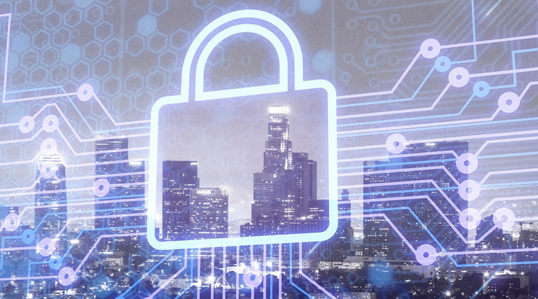 Digital lock icon and city background, concept of data security