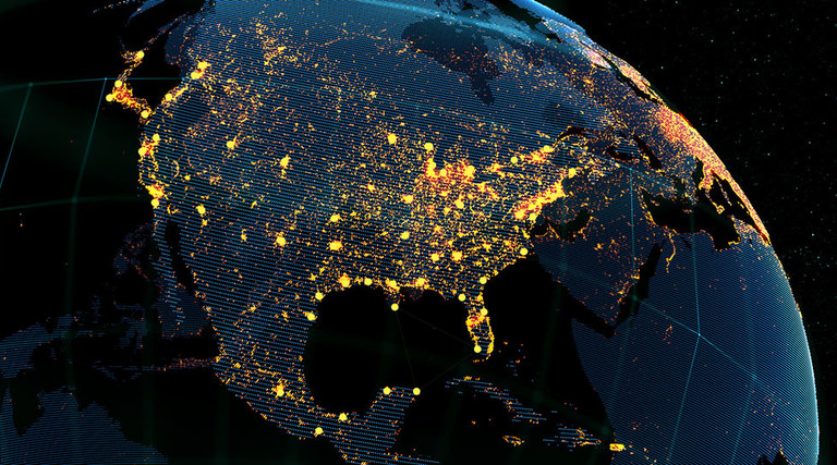  Connection lines Around Earth Globe, Futuristic Technology Theme Background with Light Effect. 3D Rendering