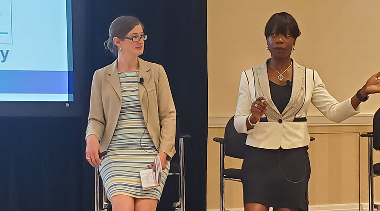 Maria Thompson, right, the chief risk officer for North Carolina, speaks about gender diversity in cybersecurity alongside Laura Bate, a policy analyst at the think tank New America.