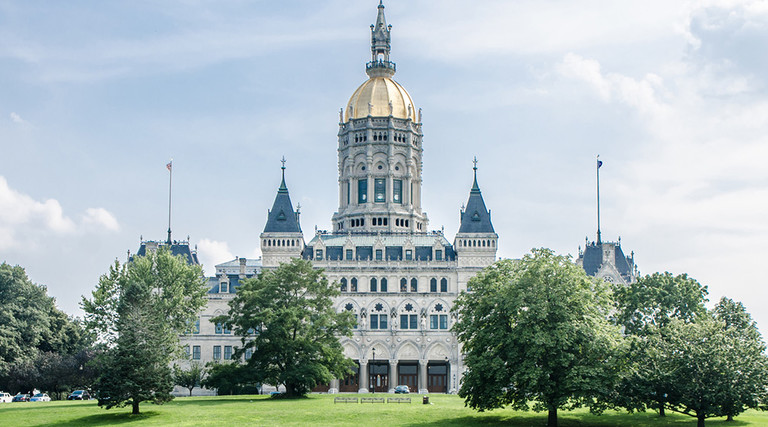 Facade of the Hartford State Capitol in Connecticut during a summer day
