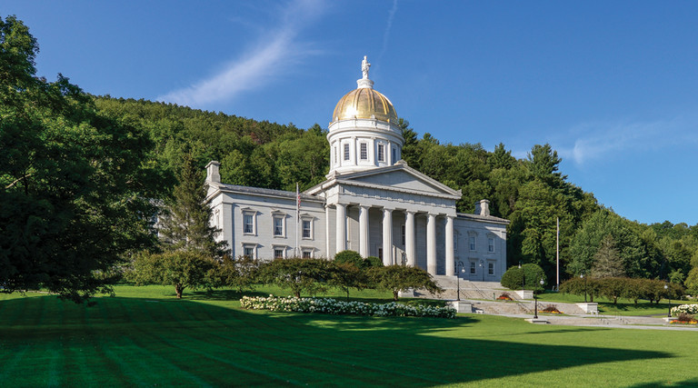 Panoramic of the Vermont State House on State Street in Montpelier, Vermont