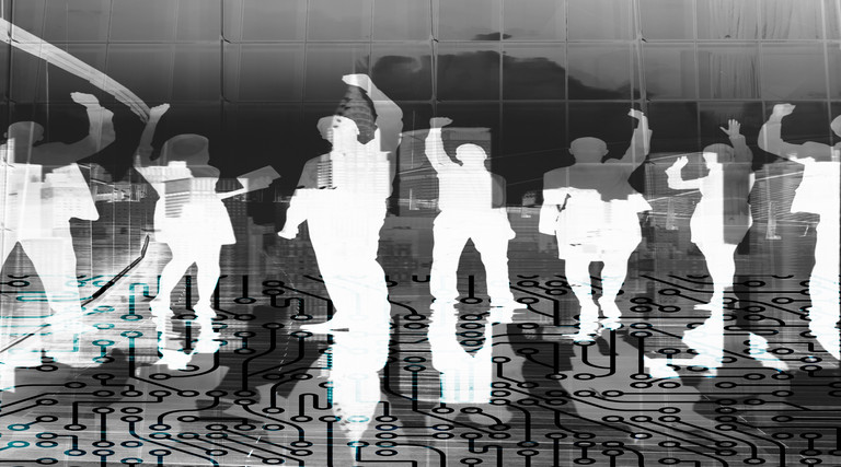Negative image of people raising their hands