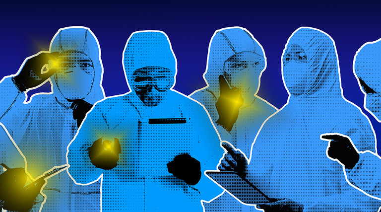 Imagery of lab workers shining lights and analyzing data.