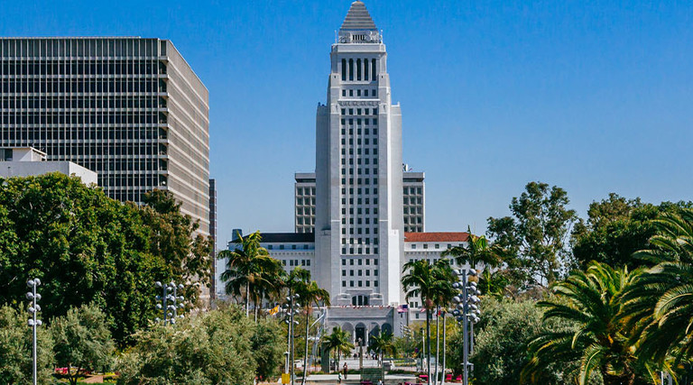 Fountain in Grand Park, and Los Angeles City Hall