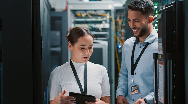 Colleagues working together in a server room