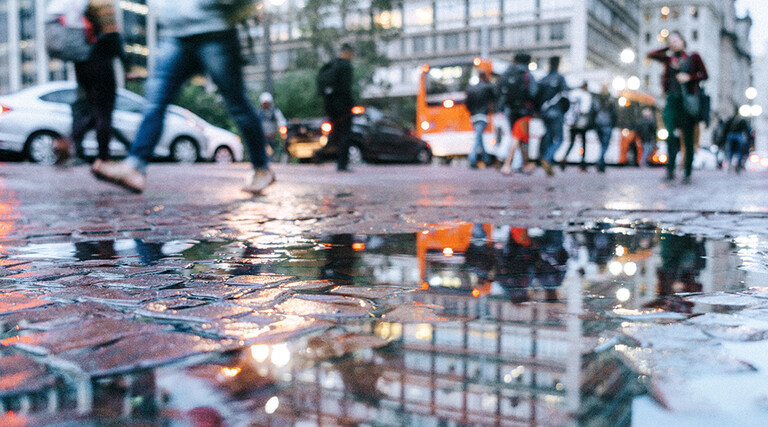 Raining in a busy city