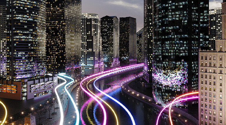 Smart city with glowing light trails