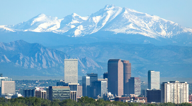 Denver Colorado skyscrapers and Rocky Mountains