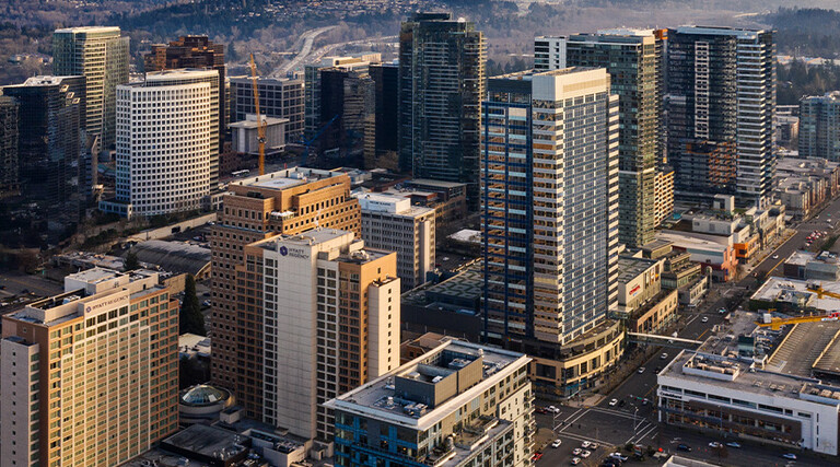 An aerial view of downtown Bellevue, Washington