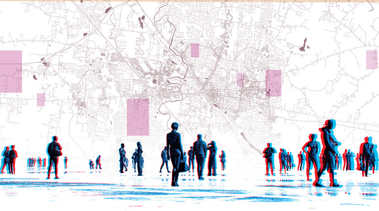 Illustration of people walking against map