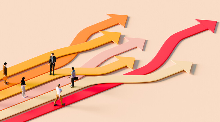 Illustration of business people standing on arrows