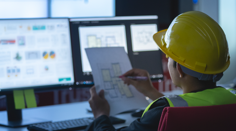 state government construction worker works at computer