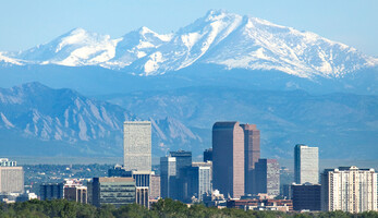Denver Colorado skyscrapers and Rocky Mountains