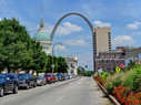 Downtown St. Louis with the Gateway Arch down the street 