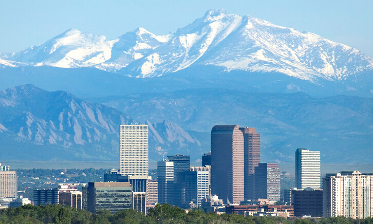 Denver Colorado skyscrapers and Rocky Mountains
