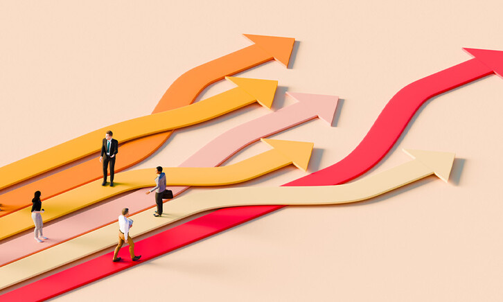 Illustration of business people standing on arrows