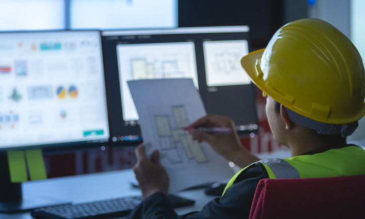 state government construction worker works at computer