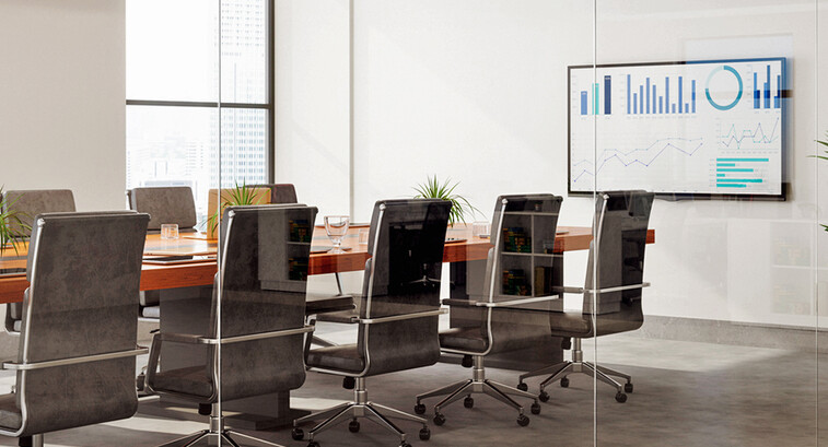 Outside View Of Empty Meeting Room With Table And Office Chairs