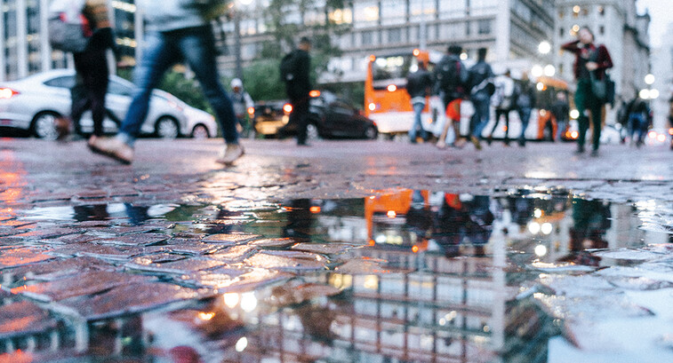 Raining in a busy city