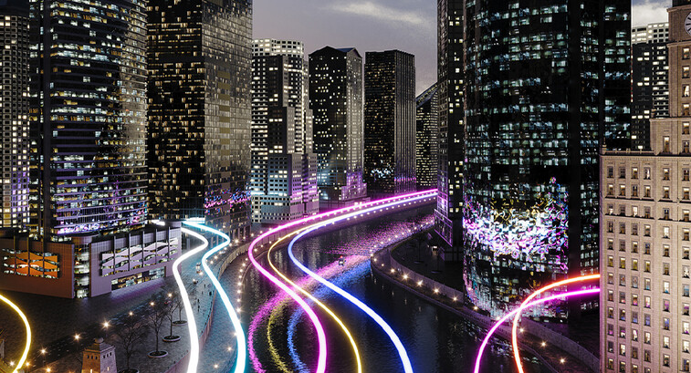 Smart city with glowing light trails