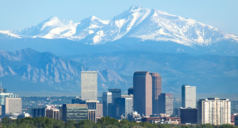 Denver Colorado skyscrapers and Rocky Mountains