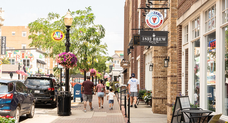 Street scene from midwest suburban city of Carmel, Indiana