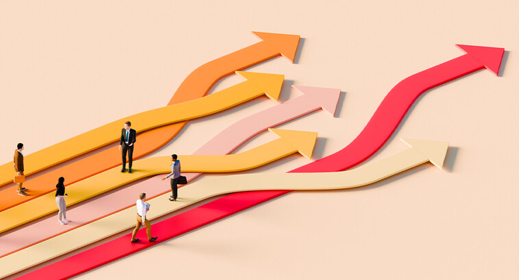 Illustration of business people standing on arrows