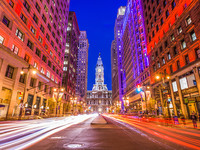 Image of Philadelphia City hall with car lights streaming at long exposure