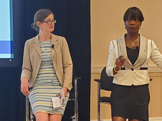 Maria Thompson, right, the chief risk officer for North Carolina, speaks about gender diversity in cybersecurity alongside Laura Bate, a policy analyst at the think tank New America.
