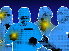 Imagery of lab workers shining lights and analyzing data.
