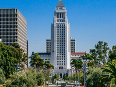 Fountain in Grand Park, and Los Angeles City Hall