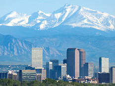 Denver Colorado skyscrapers and Rocky Mountains