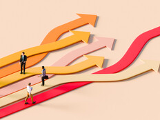 Illustration of business people standing on arrows