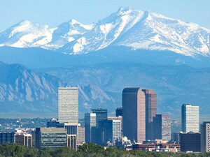 Denver Colorado skyscrapers and Rocky Mountains