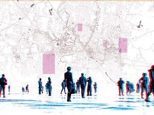 Illustration of people walking against map