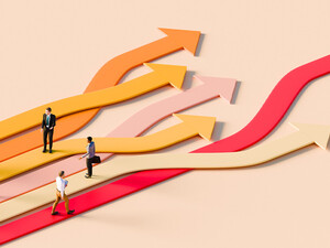 Illustration of business people standing on arrows