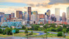 Panorama of Denver skyline long exposure at twilight.