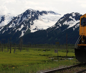 An Alaska Railroad train on the way to Spencer Glacier. 