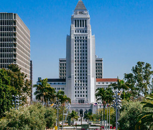 Fountain in Grand Park, and Los Angeles City Hall