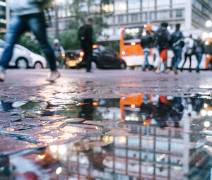 Raining in a busy city