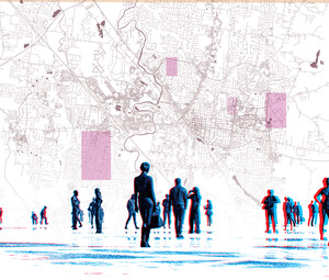 Illustration of people walking against map
